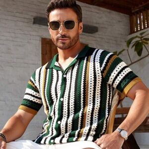 Manfinity Men's Color Button Front Casual Vacation Short Sleeve Knit Top Shirt